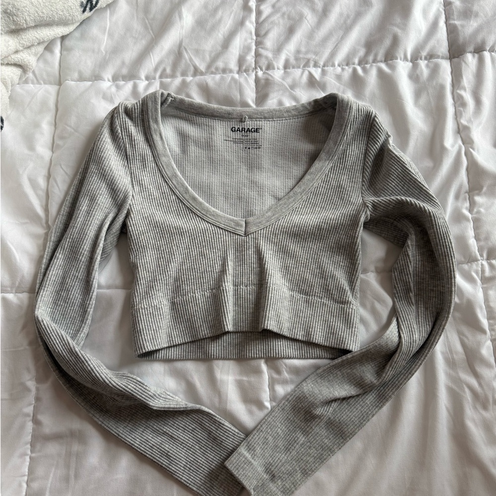 Garage Light Gray Ribbed V-Neck Crop Top